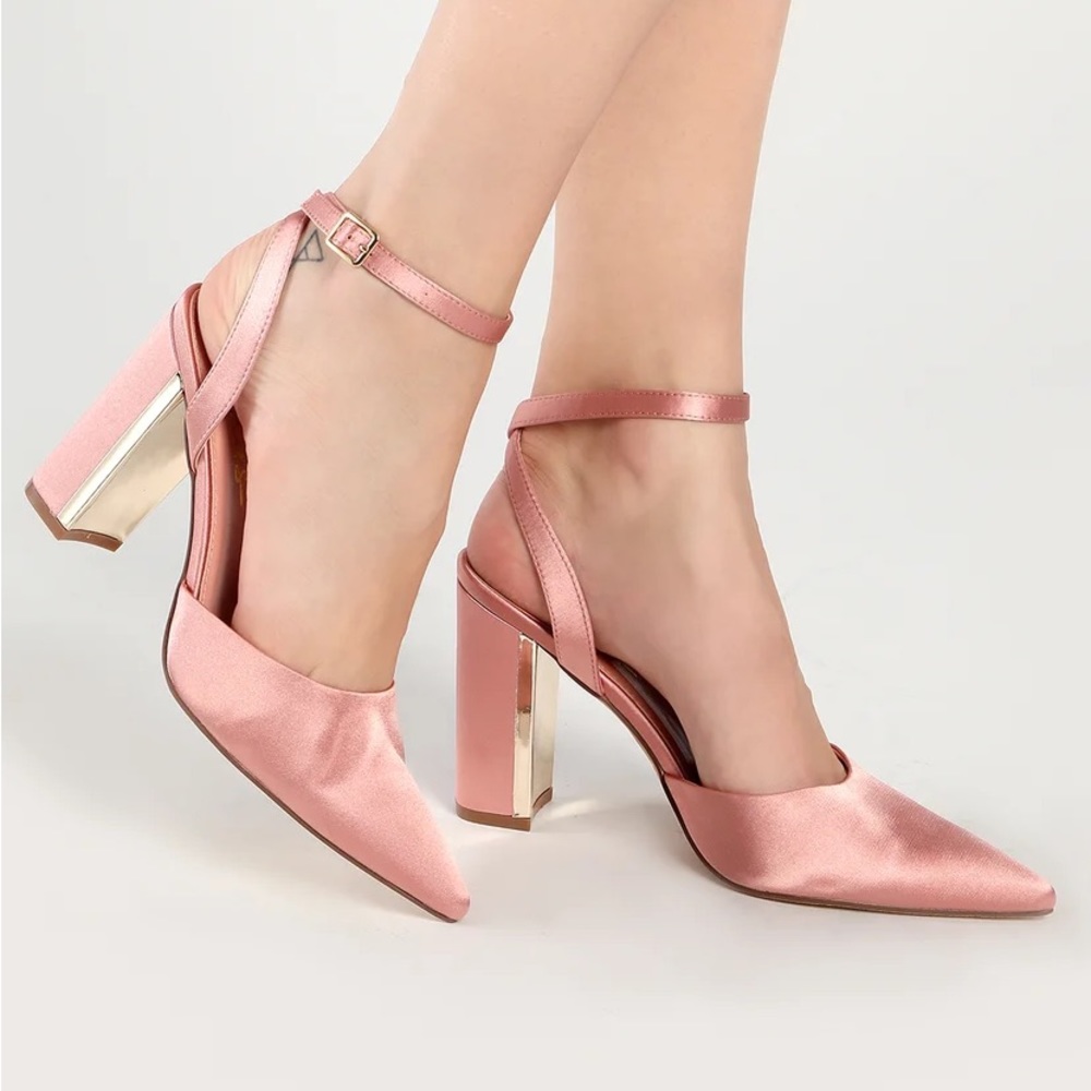 Pink Satin Block Heels with Ankle Strap